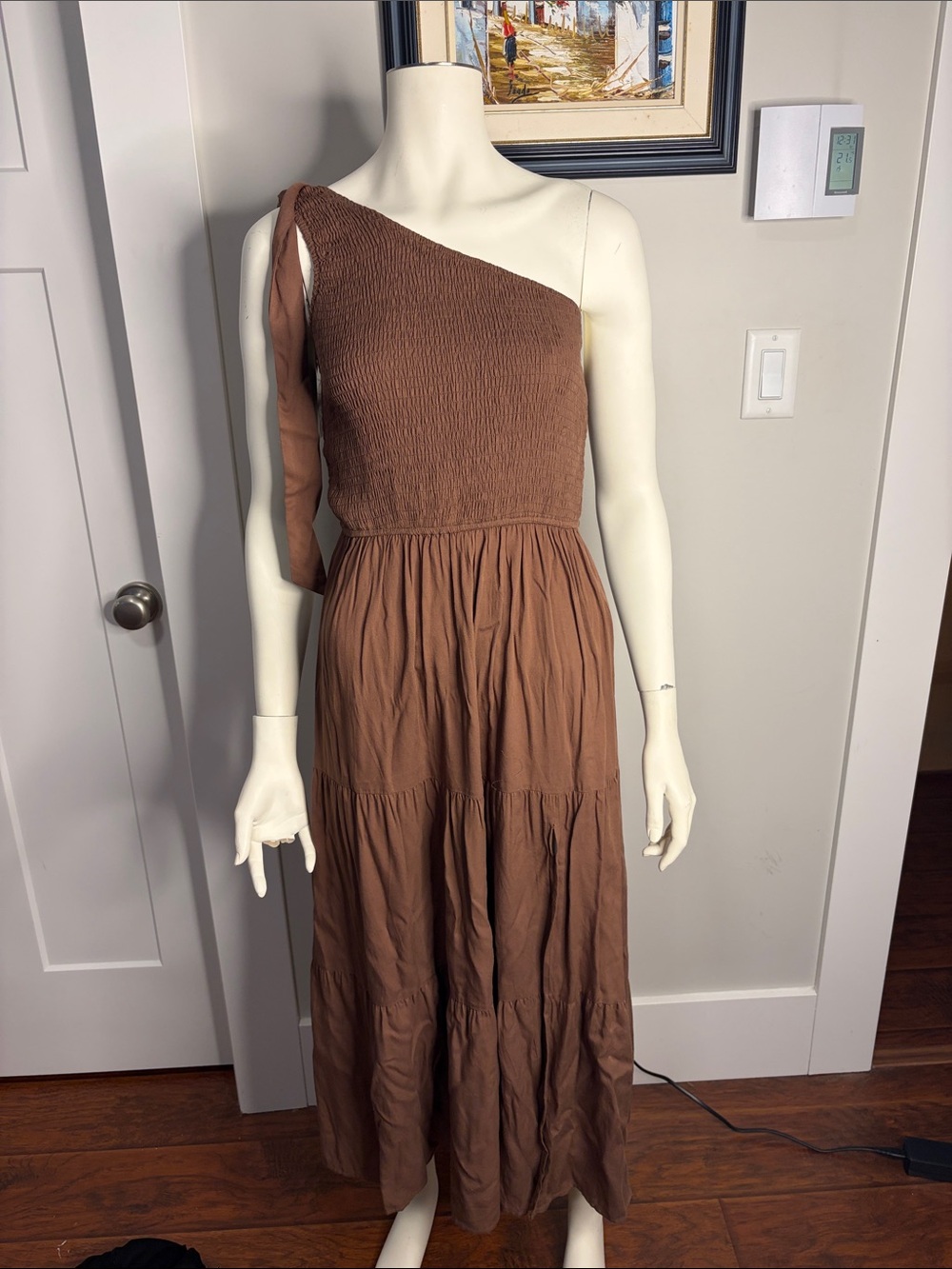Smocked One-Shoulder Maxi Dress in Brown